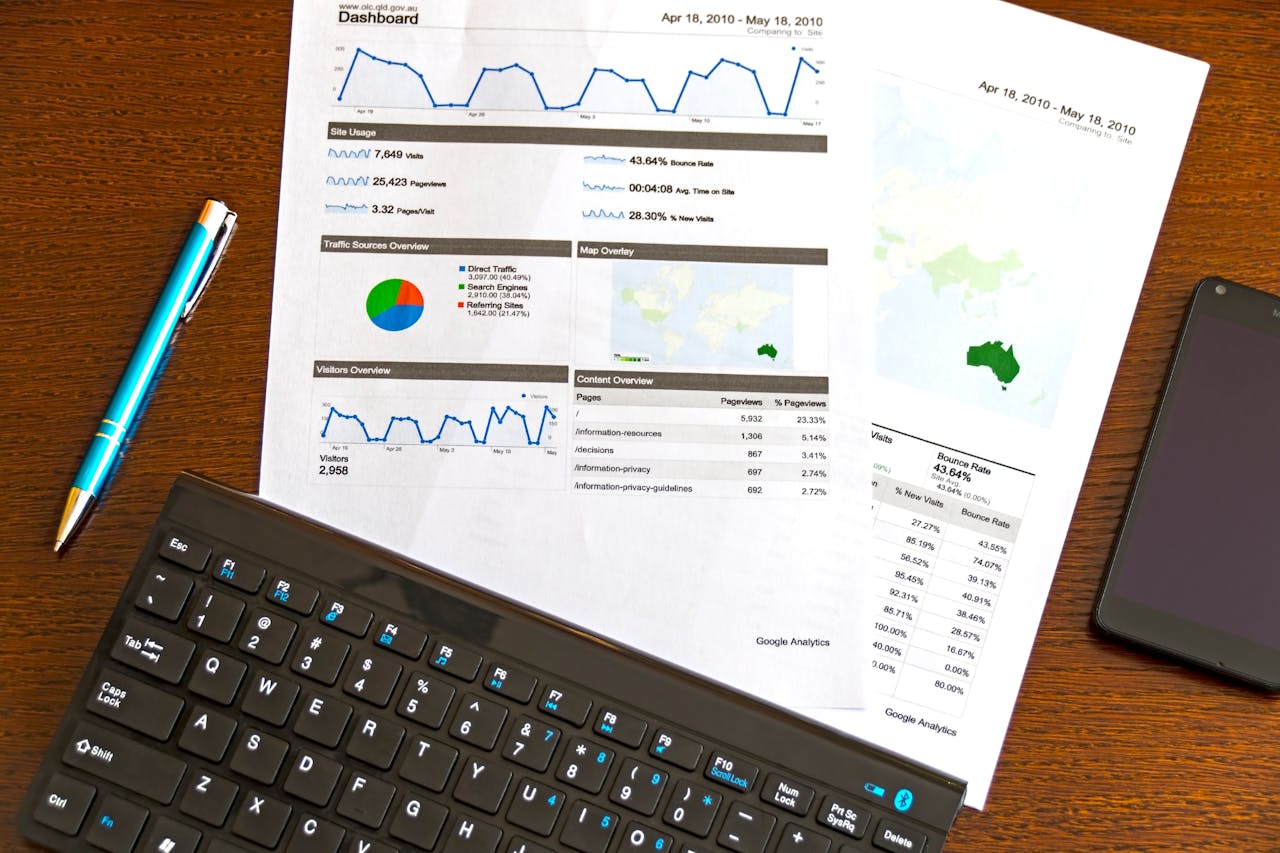 heros-img Flatlay of a business analytics report, keyboard, pen, and smartphone on a wooden desk.
